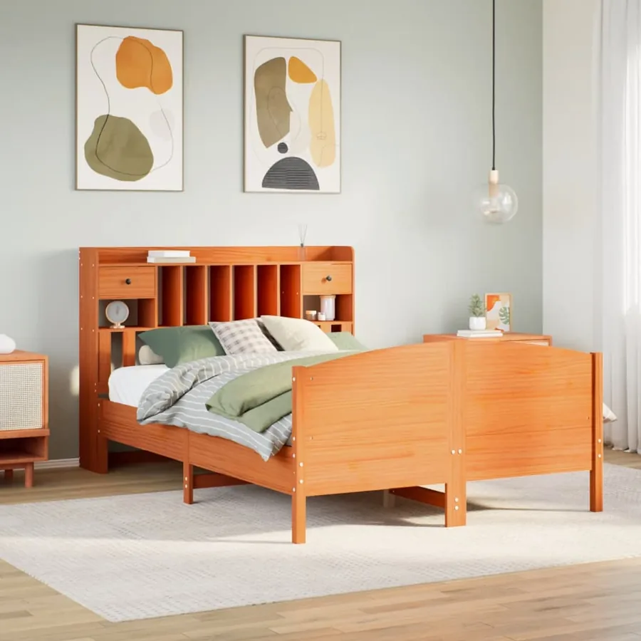 Lit bibliothèque sans matelas cire marron 150x200 cm pin massif