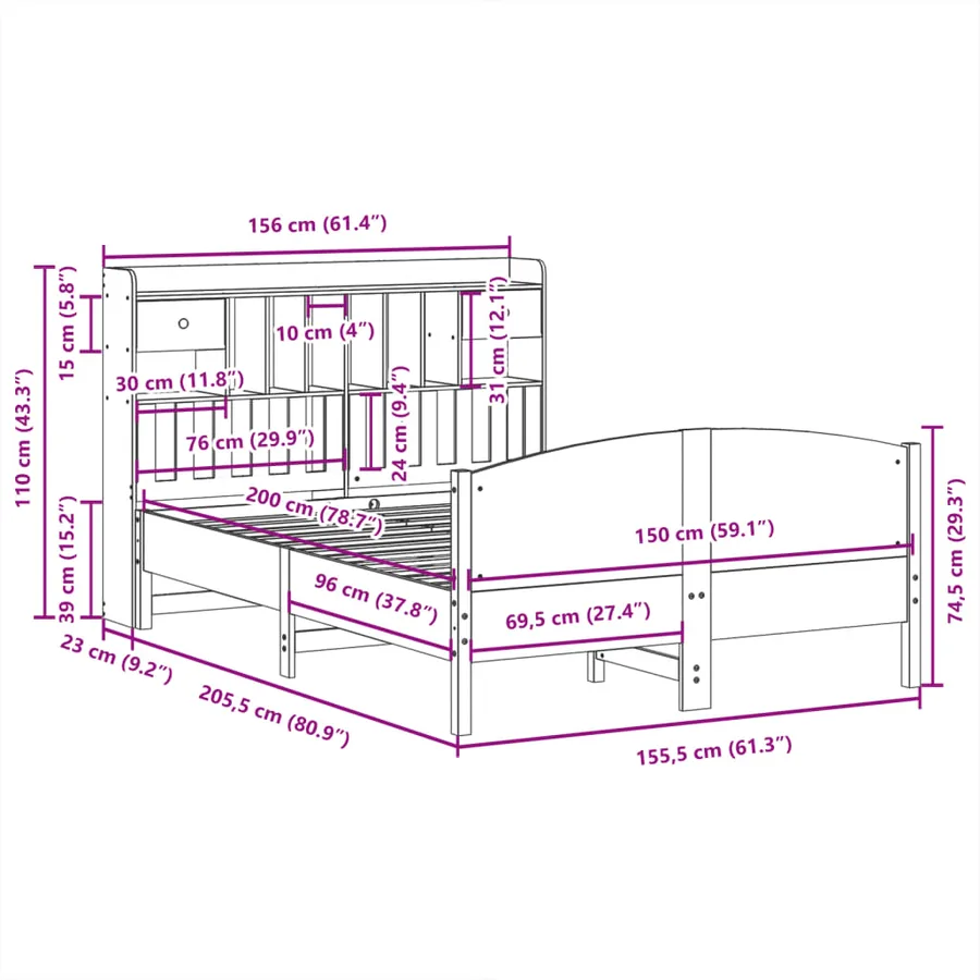 Lit bibliothèque sans matelas cire marron 150x200 cm pin massif - 11