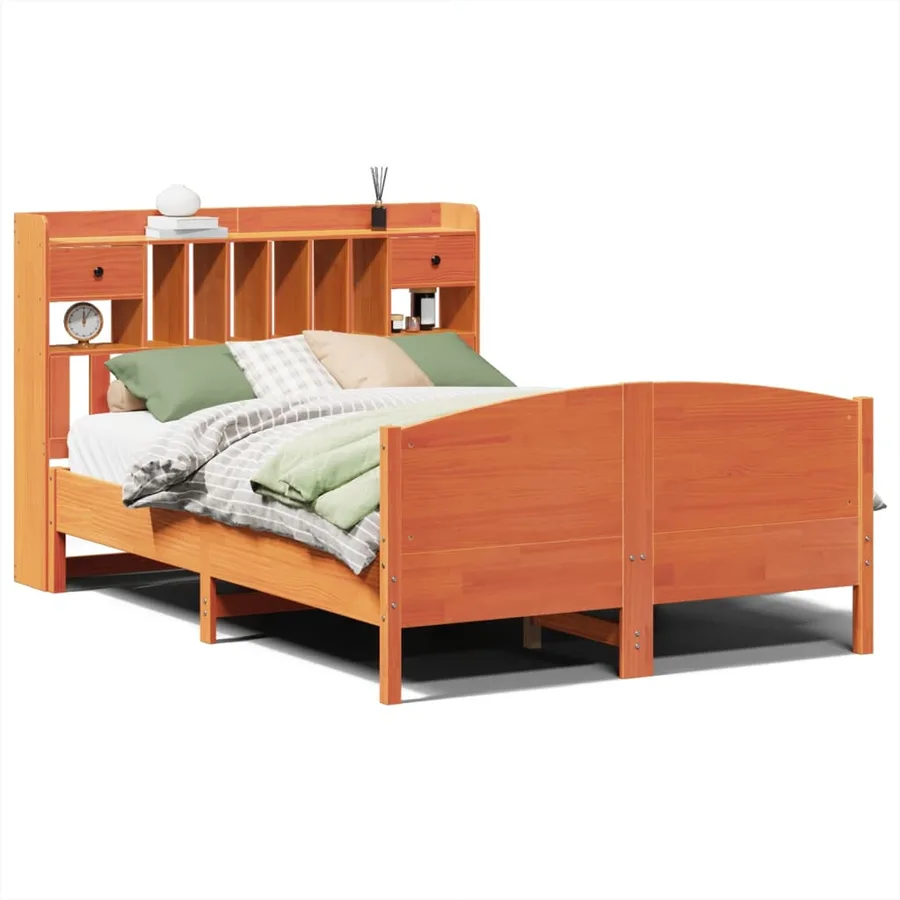 Lit bibliothèque sans matelas cire marron 150x200 cm pin massif - 2