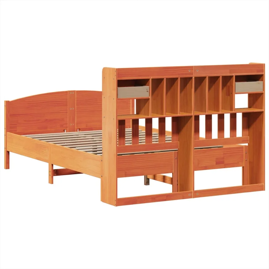 Lit bibliothèque sans matelas cire marron 150x200 cm pin massif - 6