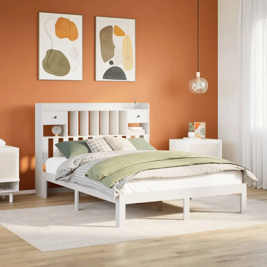 Lit bibliothèque sans matelas blanc 135x190 cm bois pin massif