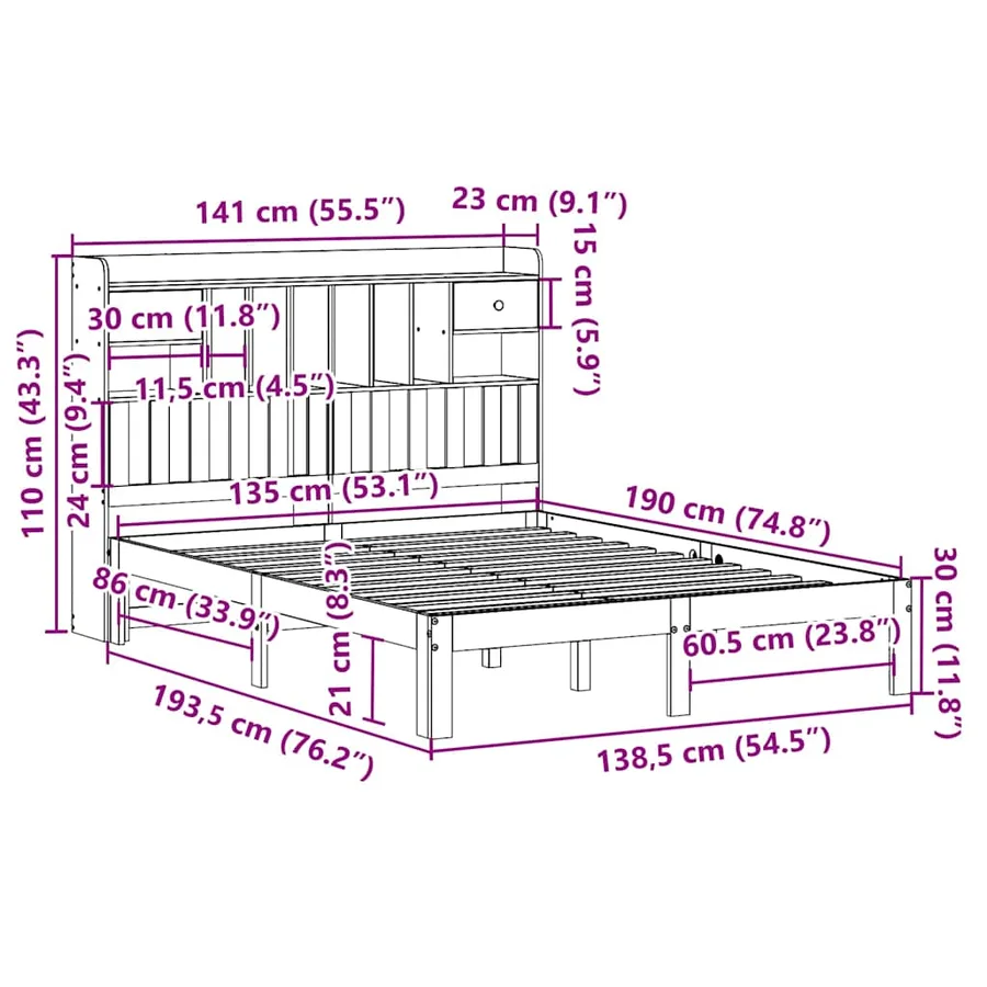 Lit bibliothèque sans matelas blanc 135x190 cm bois pin massif - 11