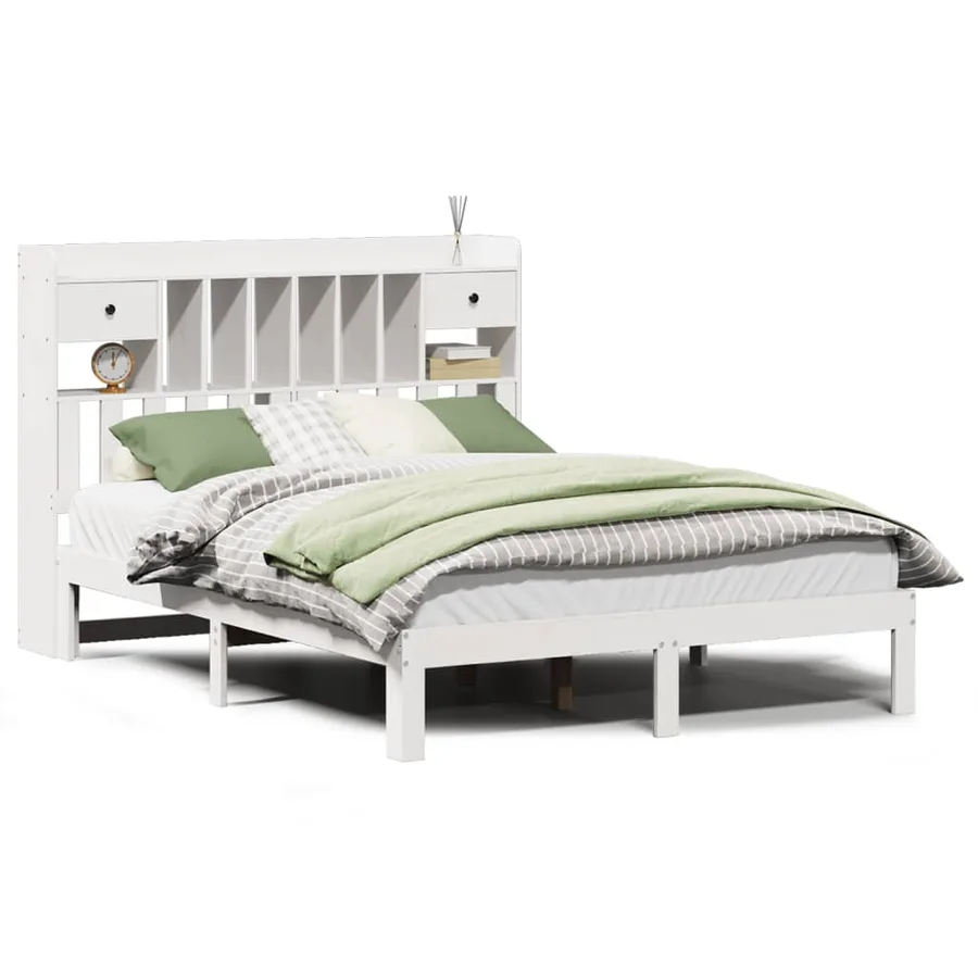 Lit bibliothèque sans matelas blanc 135x190 cm bois pin massif - 2