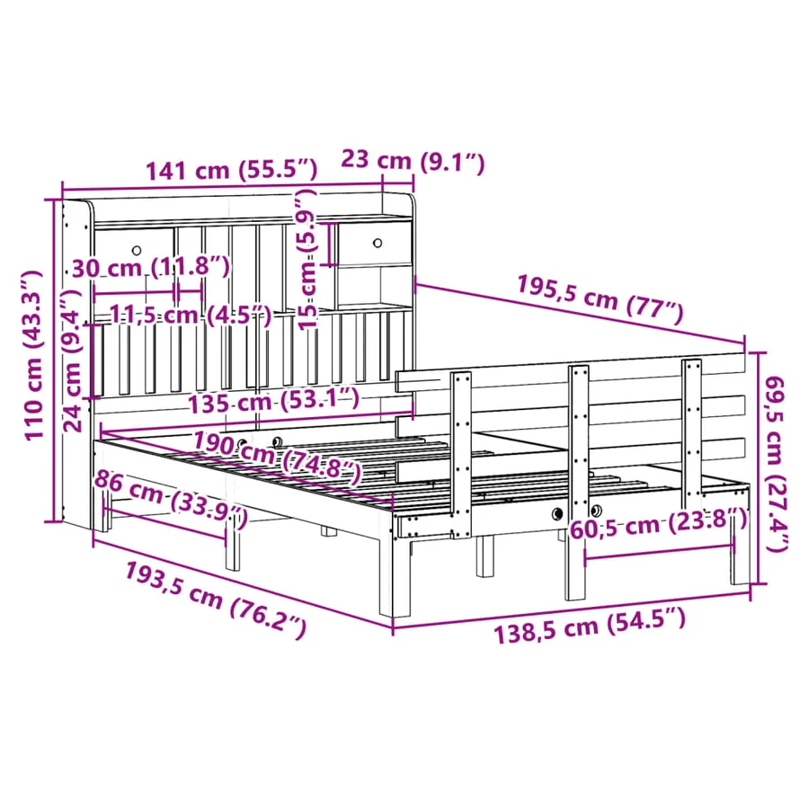 Lit bibliothèque sans matelas blanc 135x190 cm bois pin massif - 11