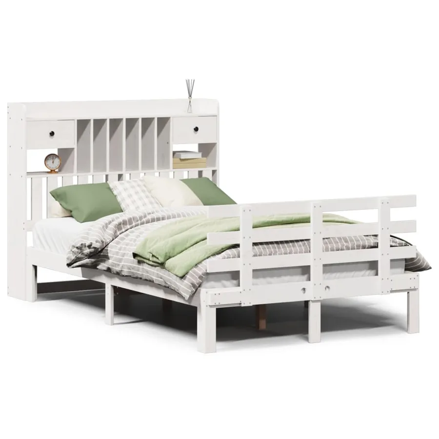 Lit bibliothèque sans matelas blanc 135x190 cm bois pin massif - 2