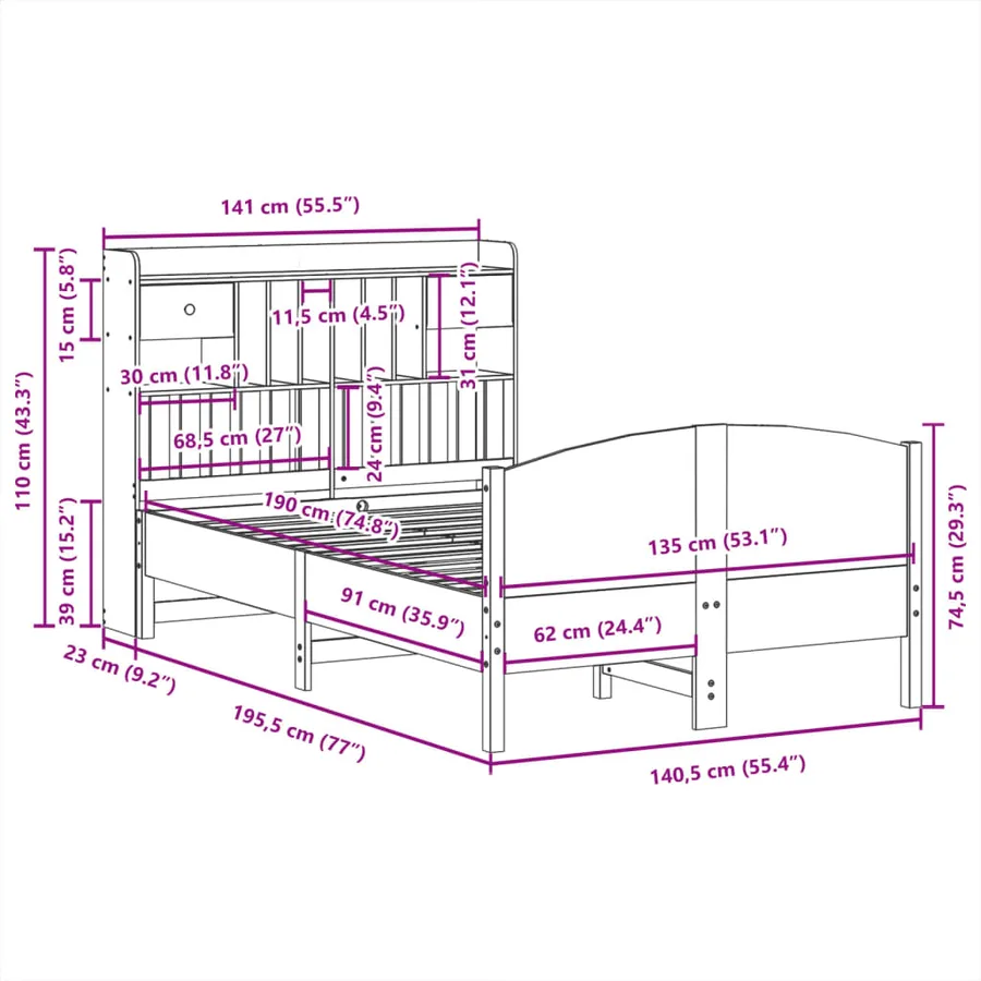 Lit bibliothèque sans matelas cire marron 135x190 cm pin massif - 11