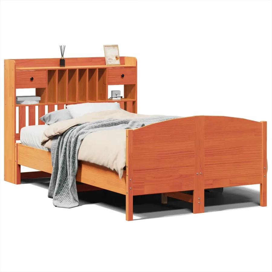 Lit bibliothèque sans matelas cire marron 135x190 cm pin massif - 2