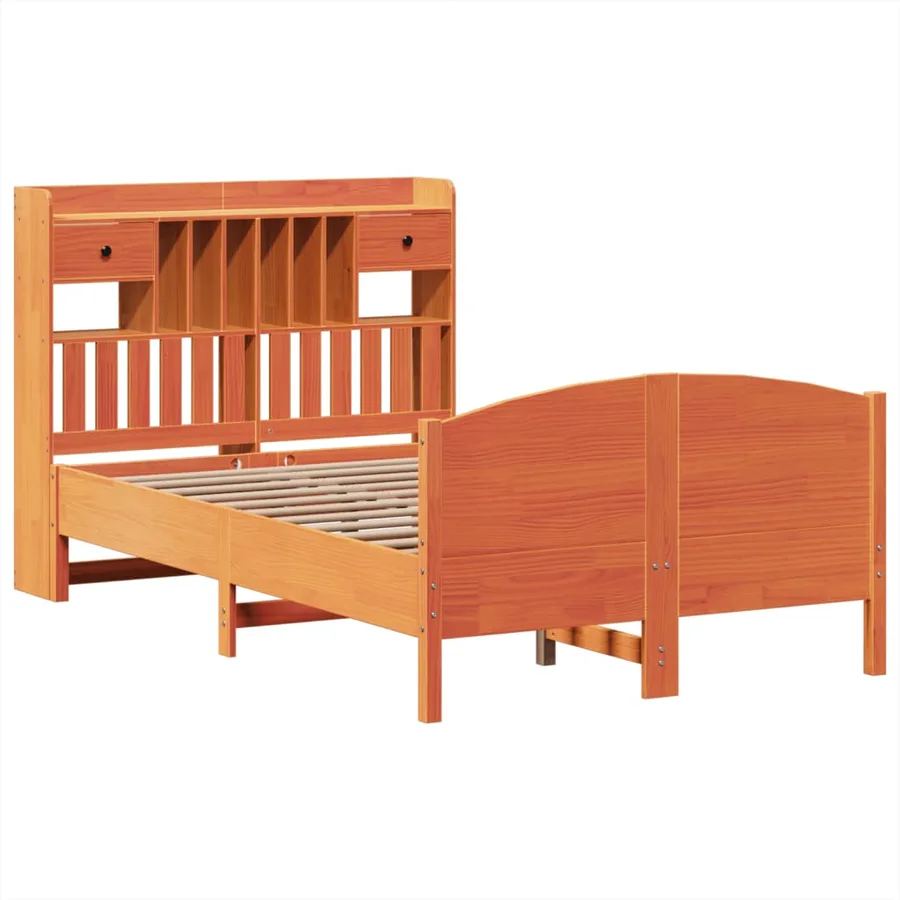 Lit bibliothèque sans matelas cire marron 135x190 cm pin massif - 3
