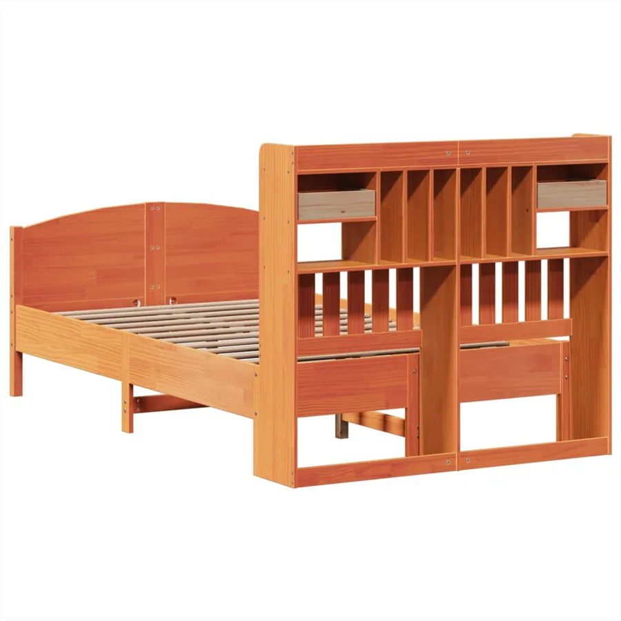 Lit bibliothèque sans matelas cire marron 135x190 cm pin massif - 6
