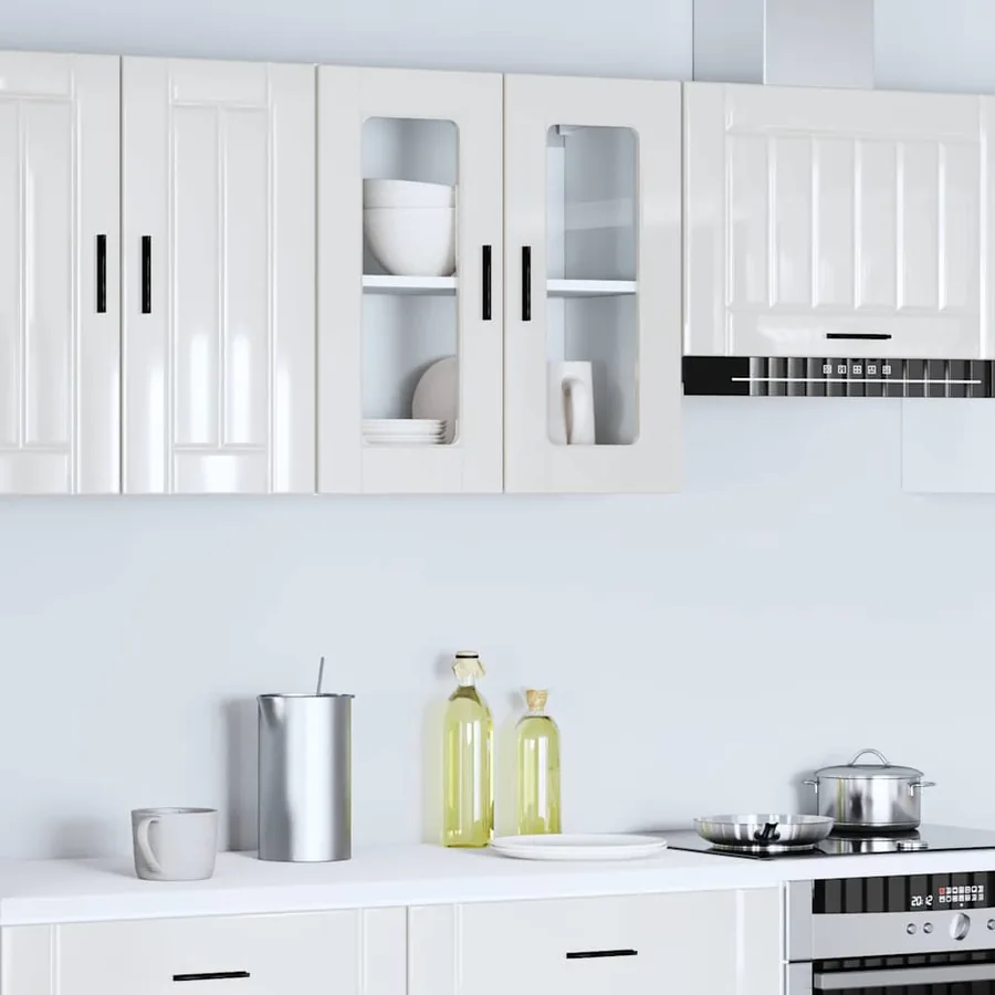Armoire murale cuisine avec porte en verre Porto blanc brillant