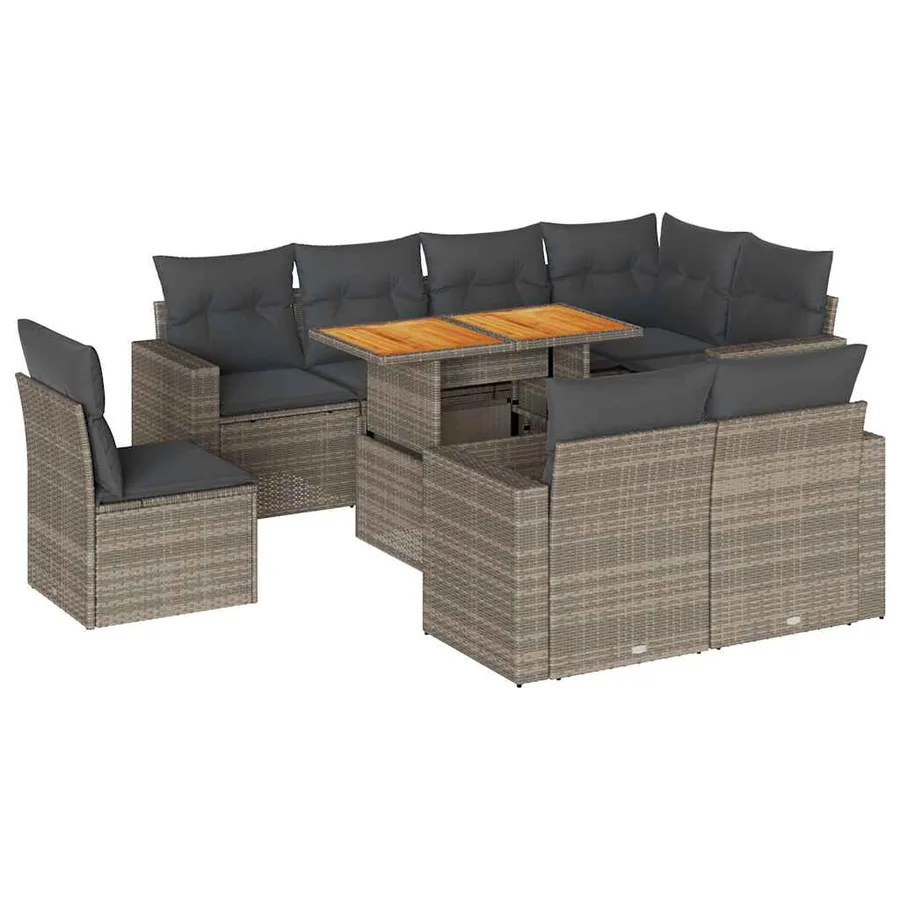 Salon de jardin 9 pcs avec coussins gris résine tressée - 2
