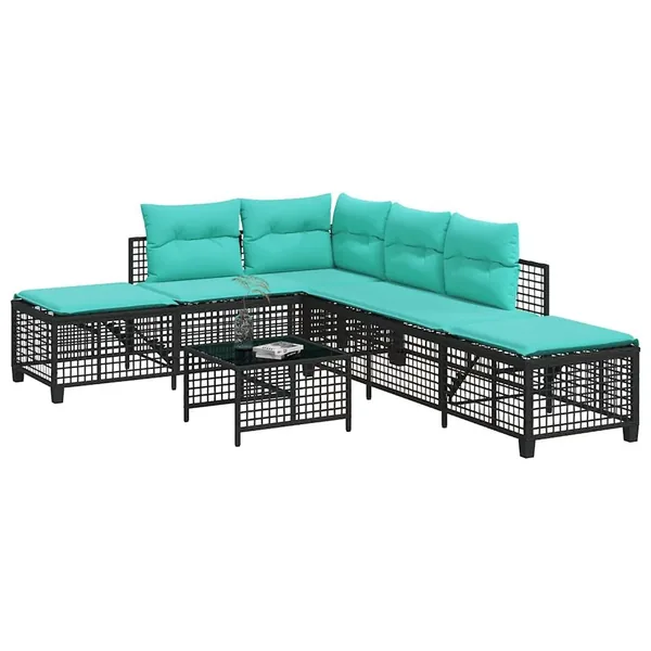 Ensemble de canapé d'angle de jardin 3 pcs avec coussins noir résine tressée