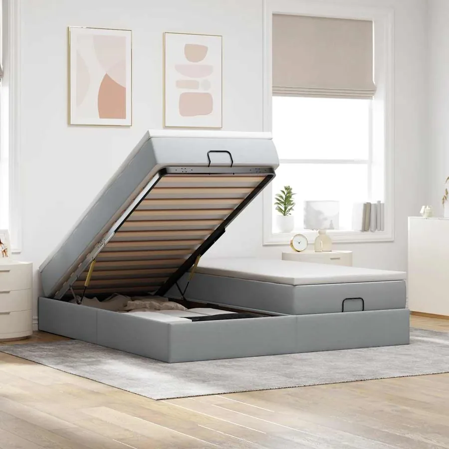 Cadre de lit ottoman et matelas gris clair 200x200cm tissu