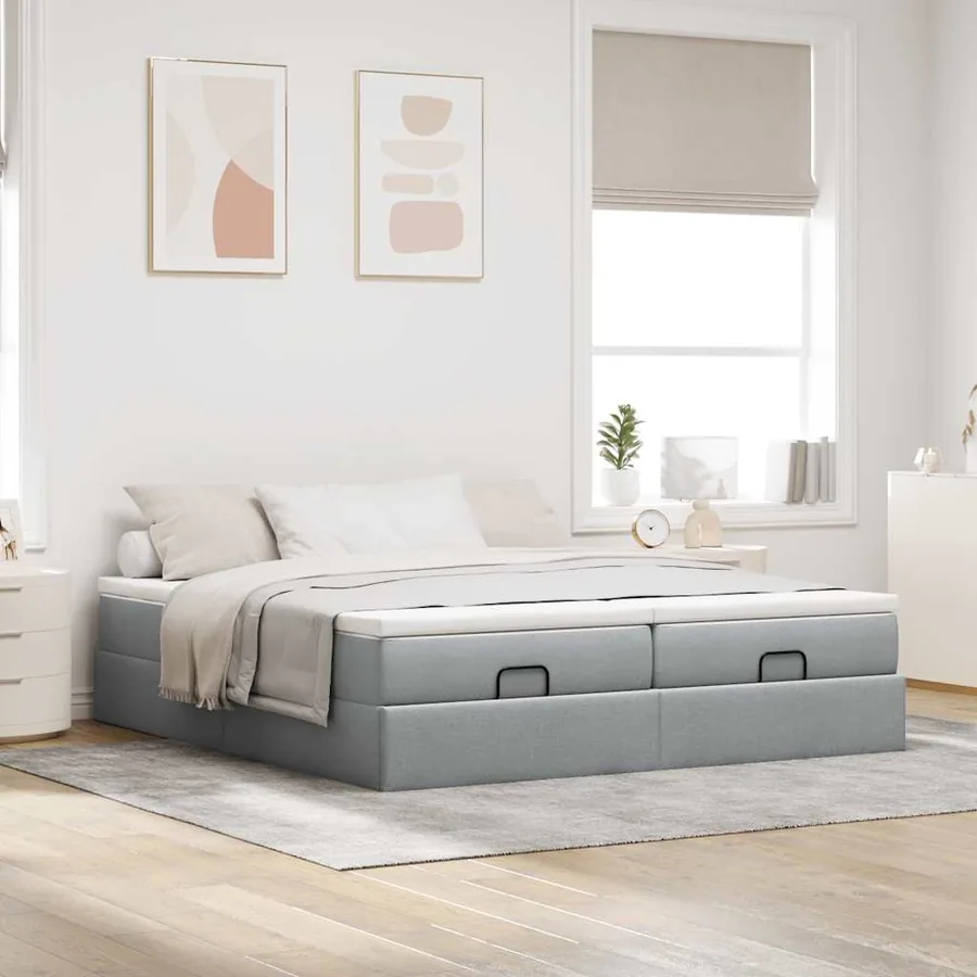 Cadre de lit ottoman et matelas gris clair 200x200cm tissu - 3