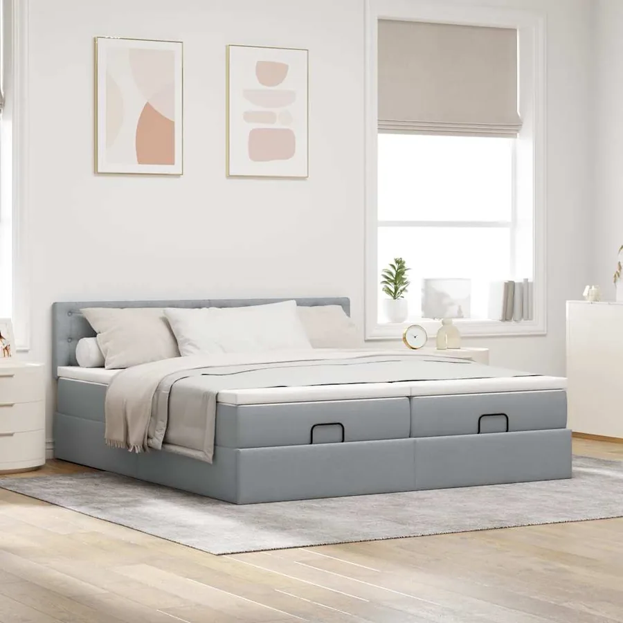 Cadre de lit ottoman et matelas gris clair 200x200cm tissu - 3
