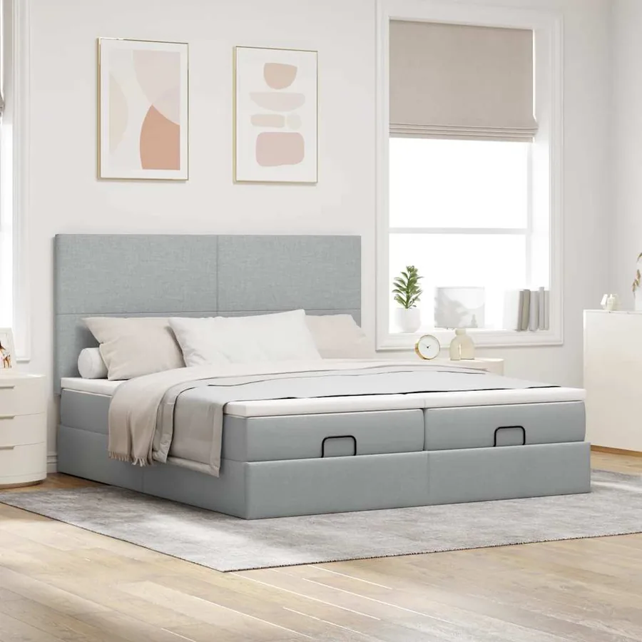 Cadre de lit ottoman et matelas gris clair 200x200cm tissu - 3