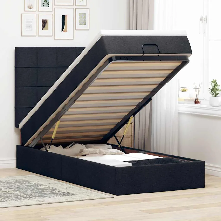 Cadre de lit ottoman avec matelas noir 90x200 cm tissu