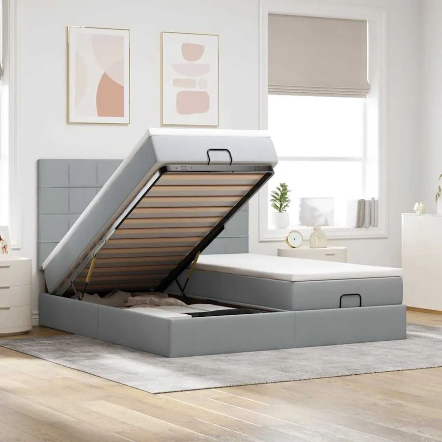 Cadre de lit ottoman et matelas gris clair 200x200cm tissu