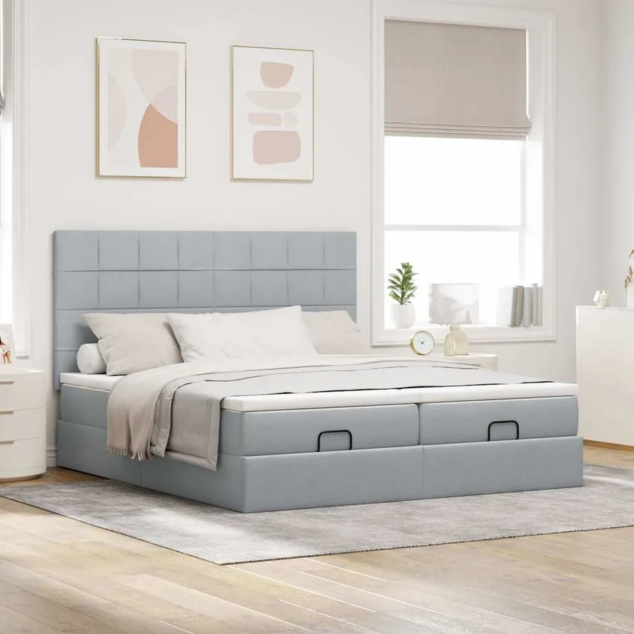Cadre de lit ottoman et matelas gris clair 200x200cm tissu - 3