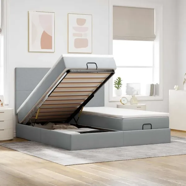 Cadre de lit ottoman et matelas gris clair 200x200cm tissu