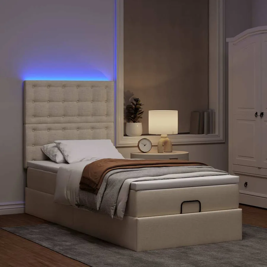 Lit ottoman avec matelas et LED crème 90x200 cm tissu - 3