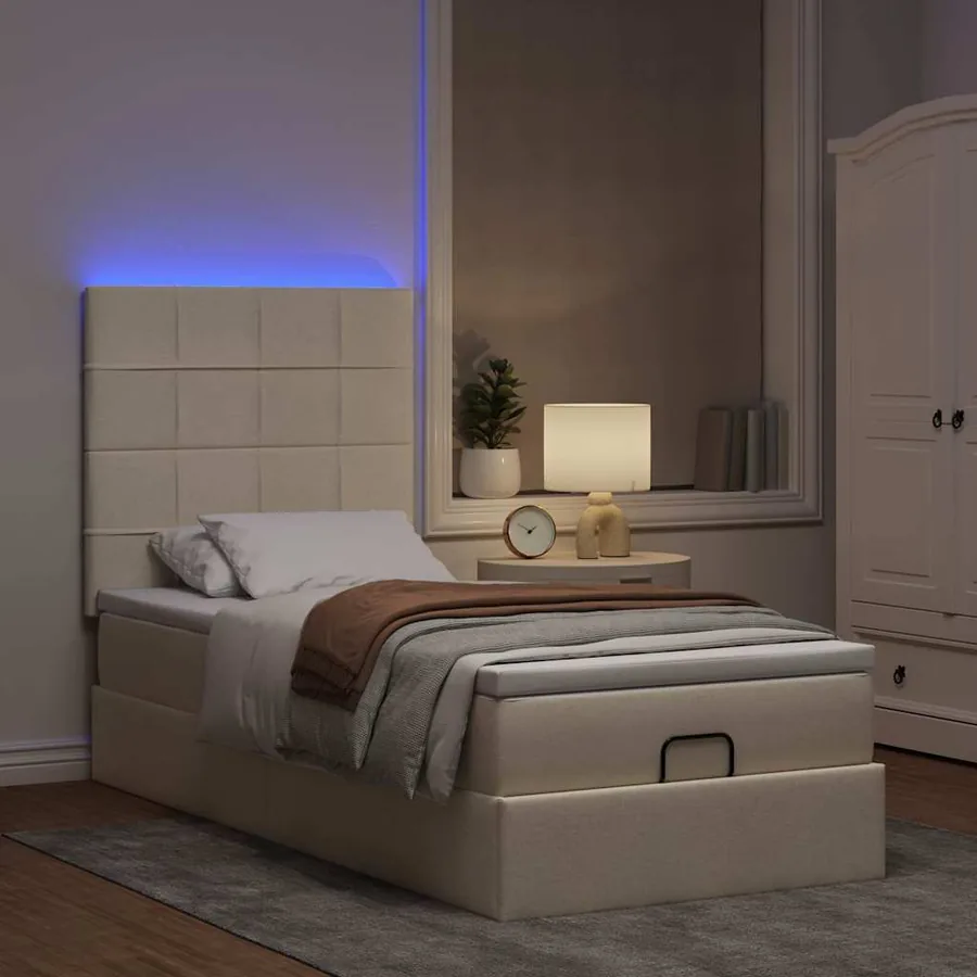 Lit ottoman avec matelas et LED crème 90x200 cm tissu - 3