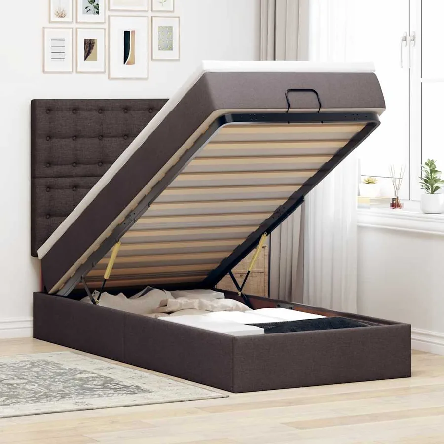 Lit ottoman avec matelas et LED marron foncé 90x200 cm tissu