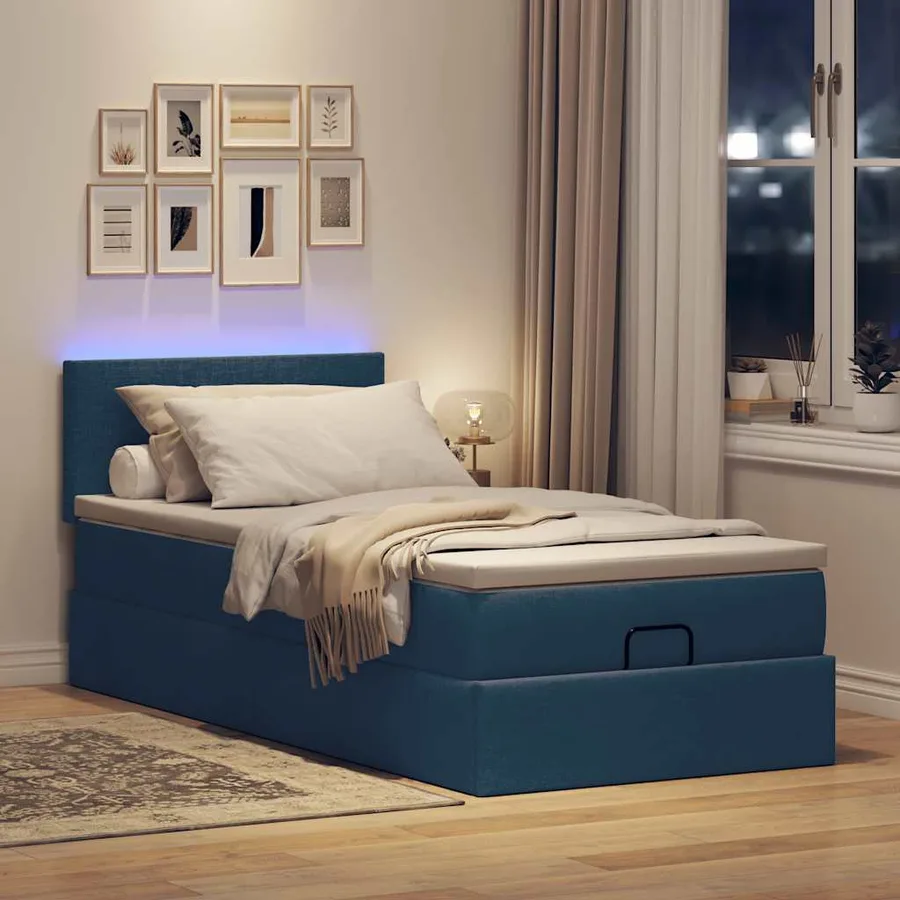 Lit ottoman avec matelas et LED Bleu 90x200 cm Tissu - 3