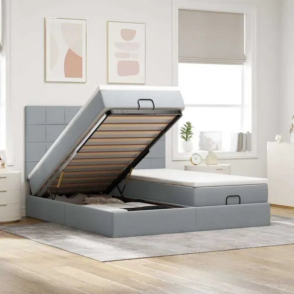Cadre de lit ottoman et matelas gris clair 180x200cm tissu