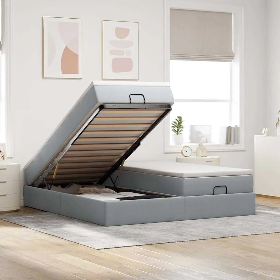 Cadre de lit ottoman et matelas gris clair 180x200cm tissu