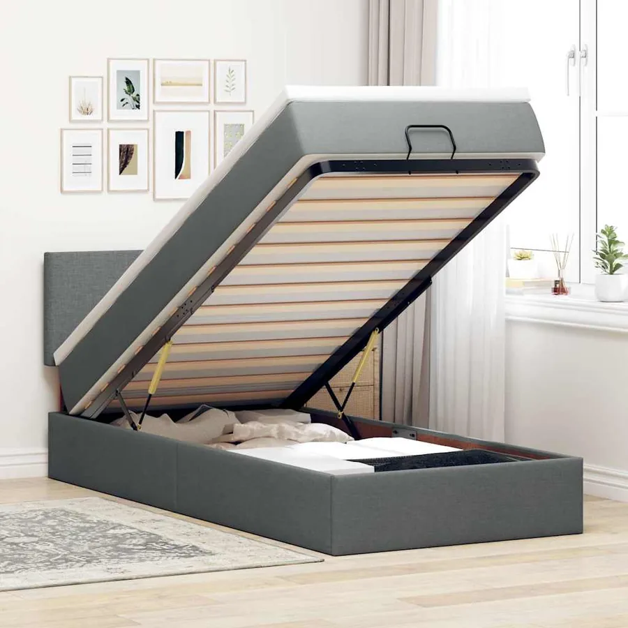 Lit ottoman avec matelas gris foncé 90x200 cm tissu