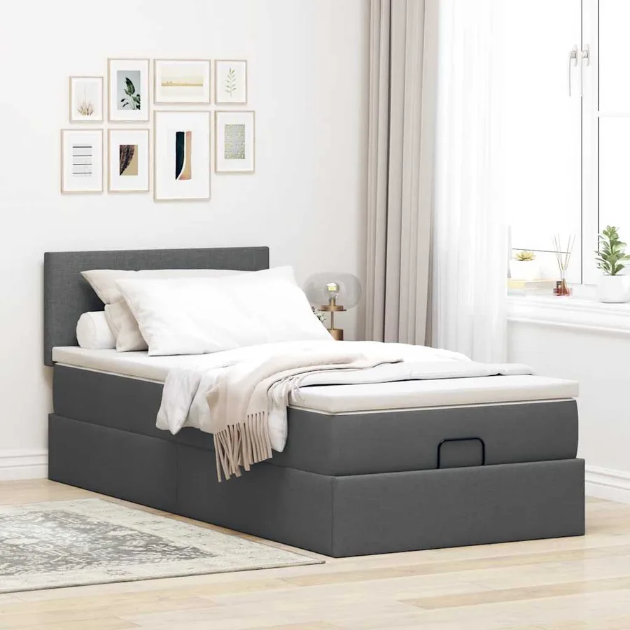 Lit ottoman avec matelas gris foncé 90x200 cm tissu - 3