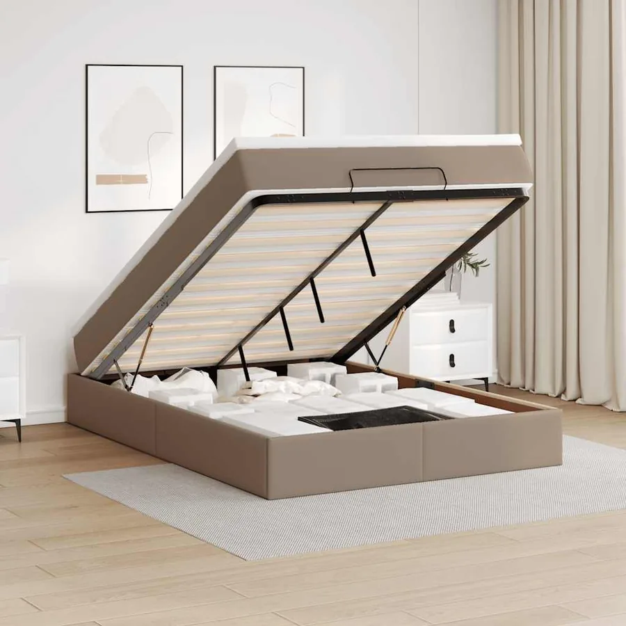 Cadre de lit ottoman et matelas cappuccino 140x190cm similicuir
