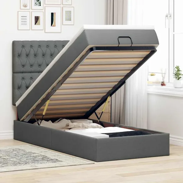 Lit ottoman avec matelas gris foncé 90x200 cm tissu