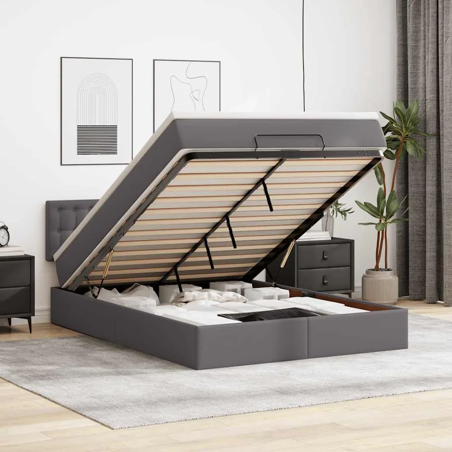Cadre de lit ottoman avec matelas gris 140x190 cm similicuir