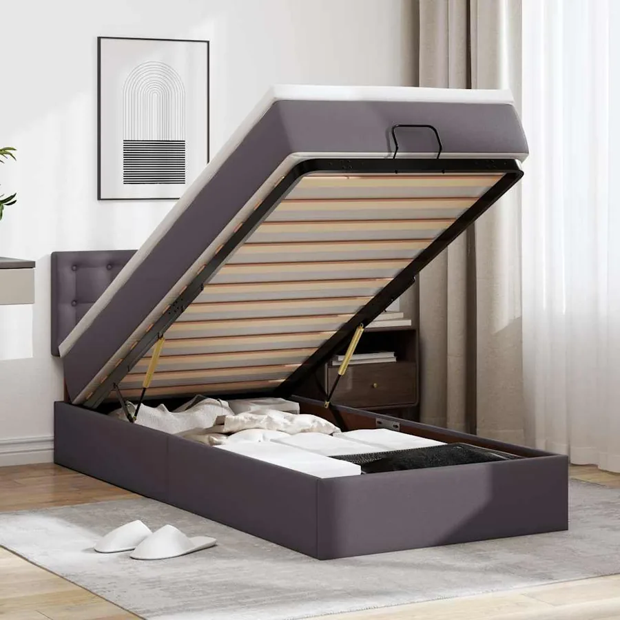 Lit ottoman avec matelas gris 80x200 cm similicuir