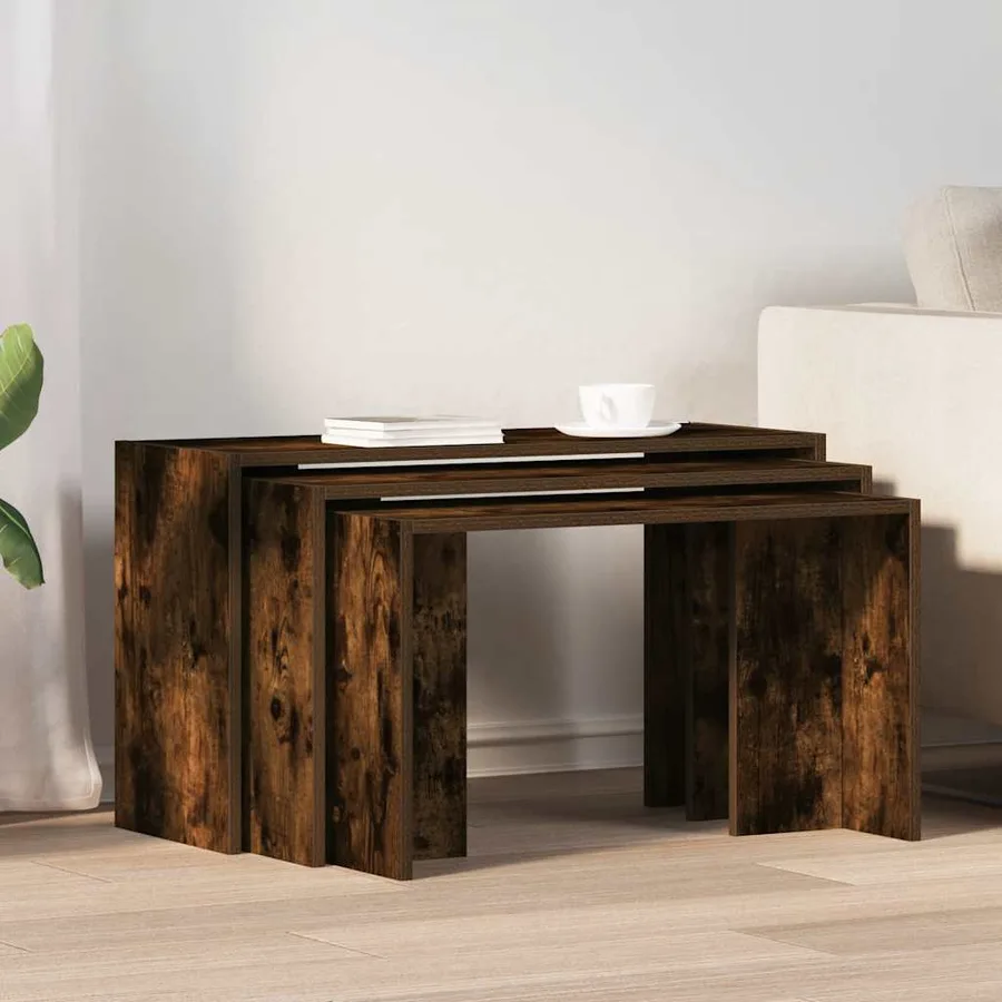 Tables gigognes 3 pcs chêne fumé bois d'ingénierie - 3