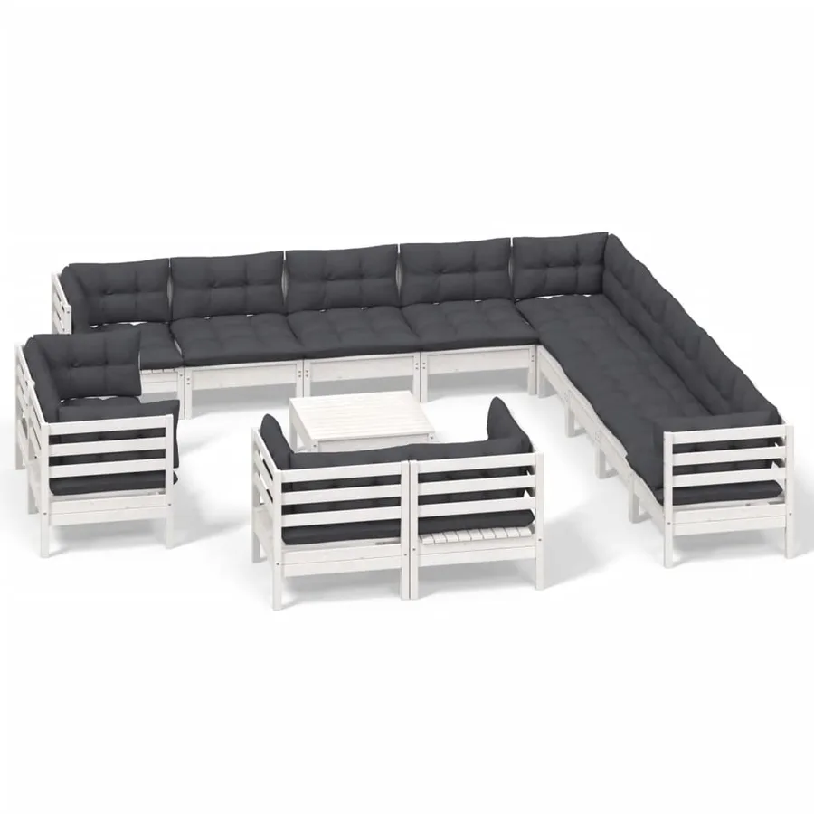 Salon de jardin 14 pcs avec coussins blanc bois de pin solide - 2