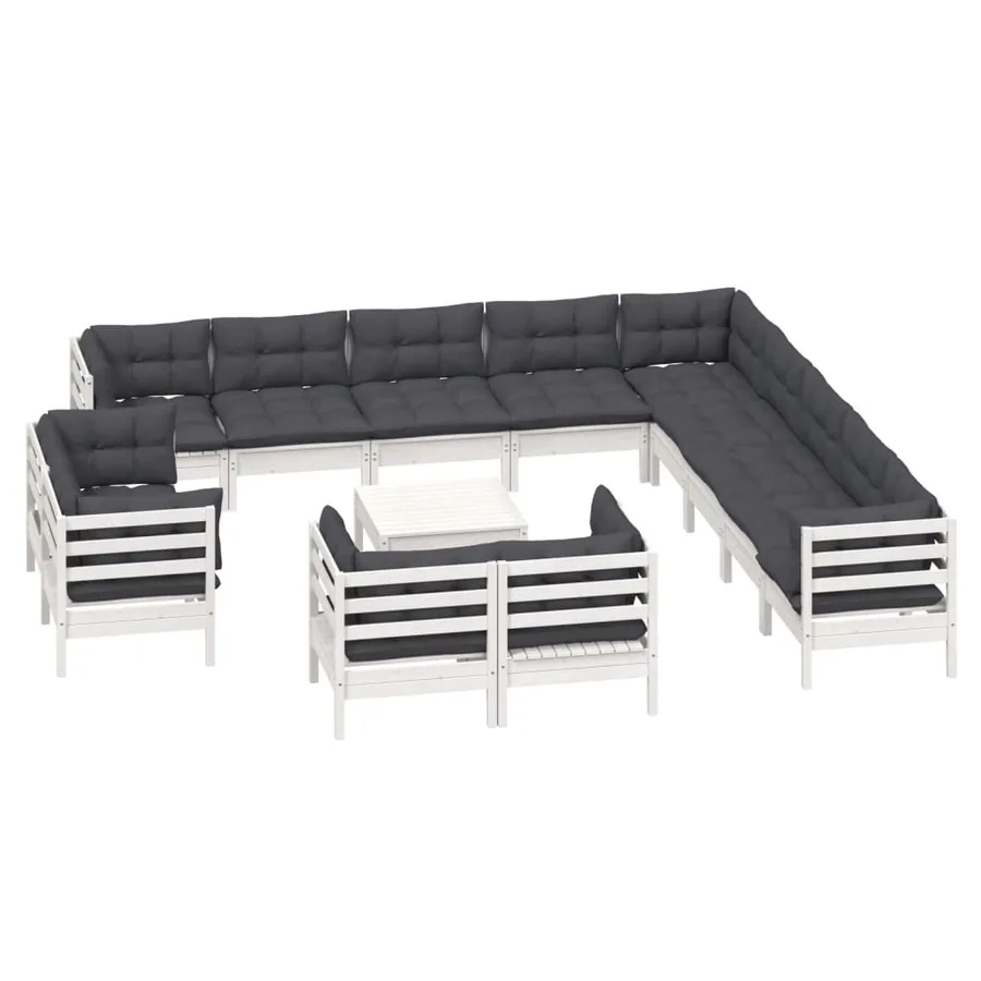 Salon de jardin 14 pcs avec coussins blanc bois de pin solide - 3