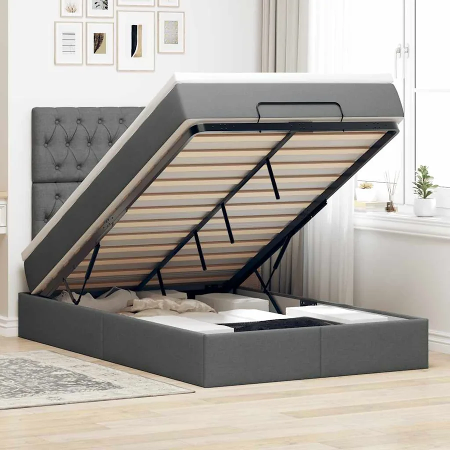 Cadre de lit ottoman avec matelas gris foncé 120x200cm tissu
