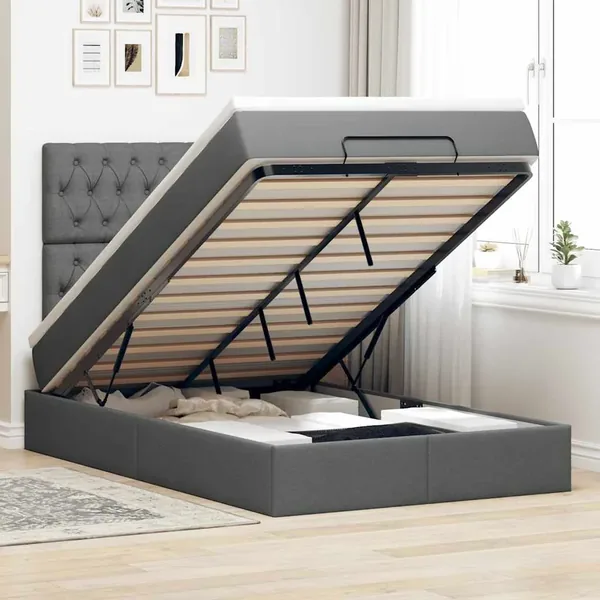 Cadre de lit ottoman avec matelas gris foncé 120x200cm tissu