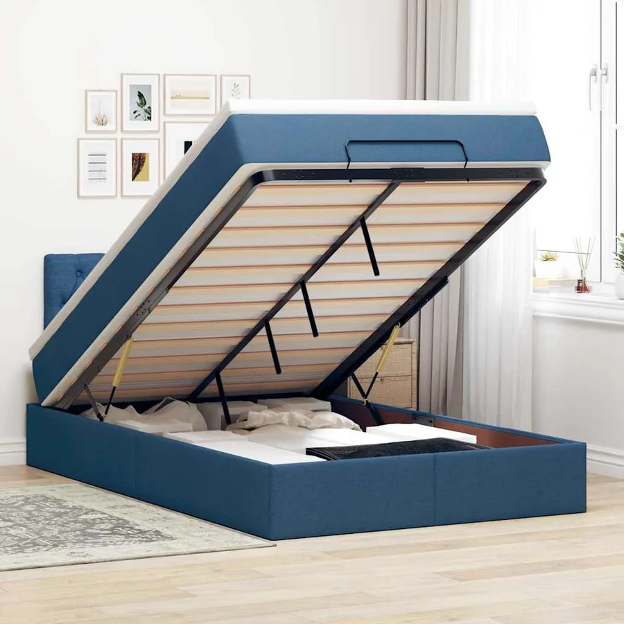 Lit ottoman avec matelas et LED Bleu 120x200 cm Tissu