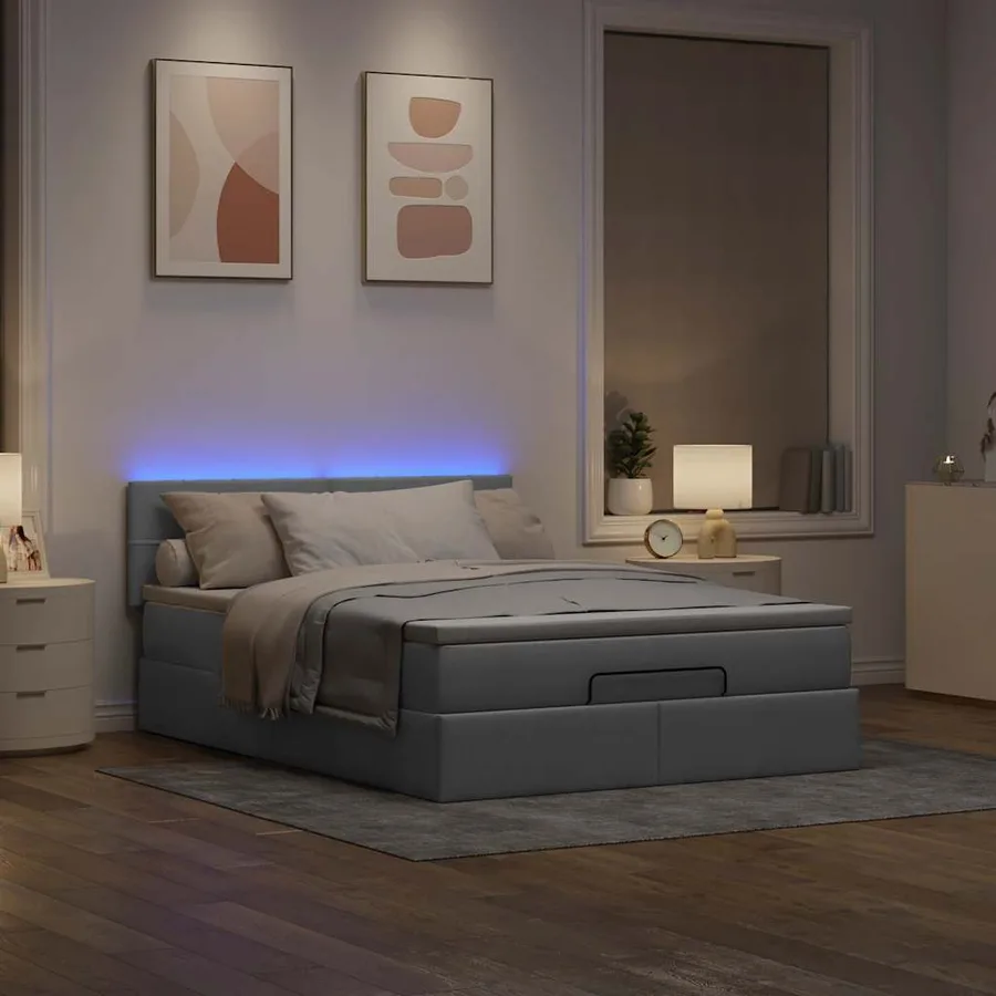 Lit ottoman avec matelas et LED gris clair 140x190 cm tissu - 3