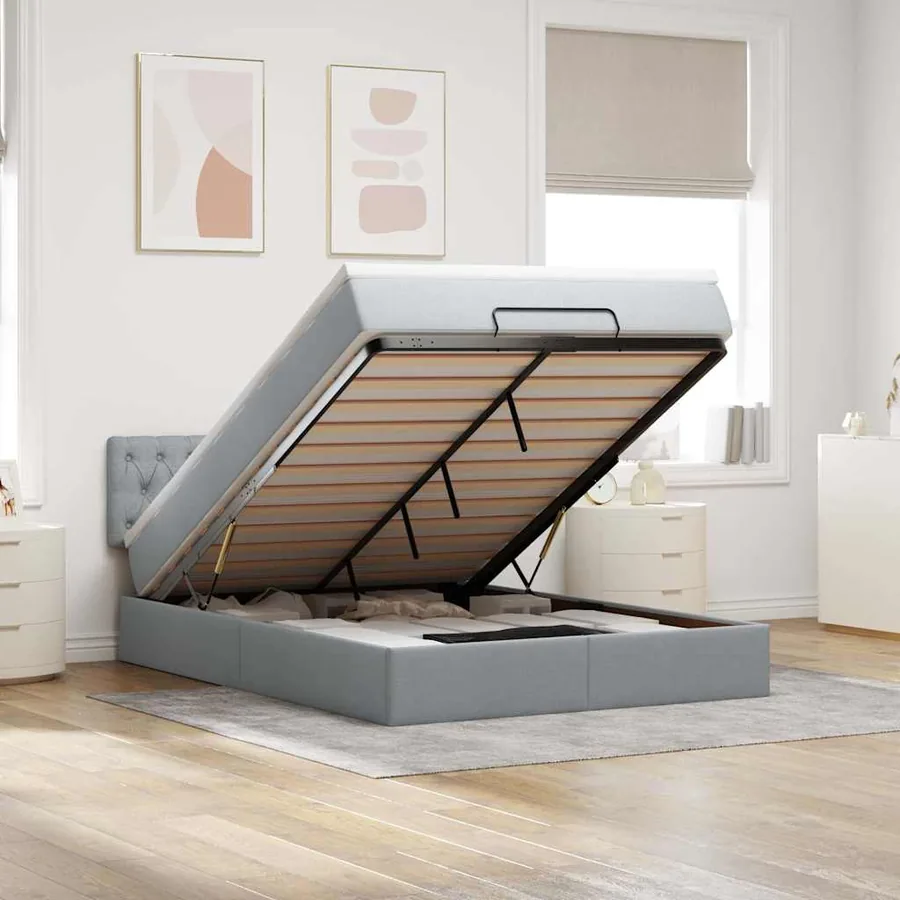 Lit ottoman avec matelas gris clair 140x190 cm tissu