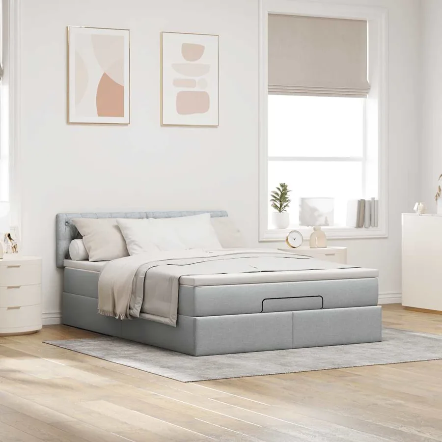 Lit ottoman avec matelas gris clair 140x190 cm tissu - 3