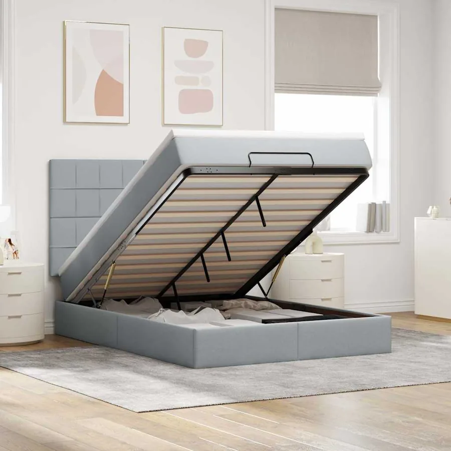 Cadre de lit ottoman et matelas gris clair 140x190 cm tissu