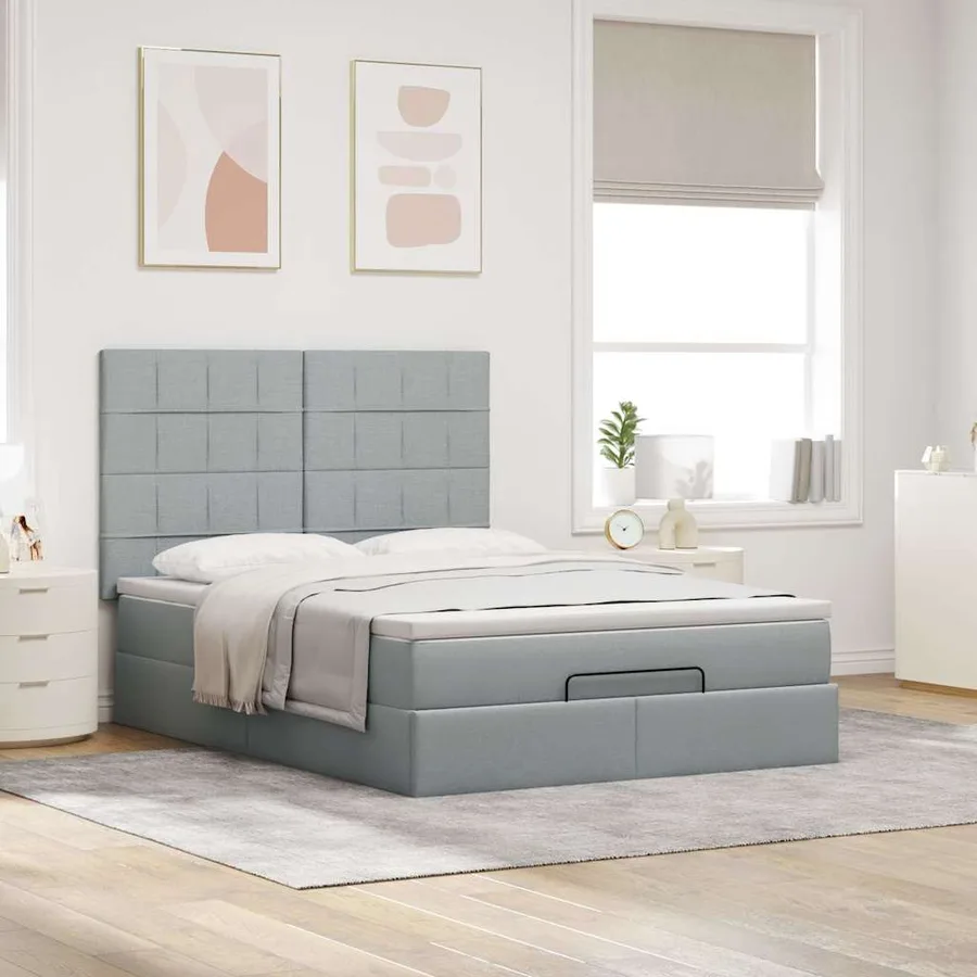 Cadre de lit ottoman et matelas gris clair 140x190 cm tissu - 3