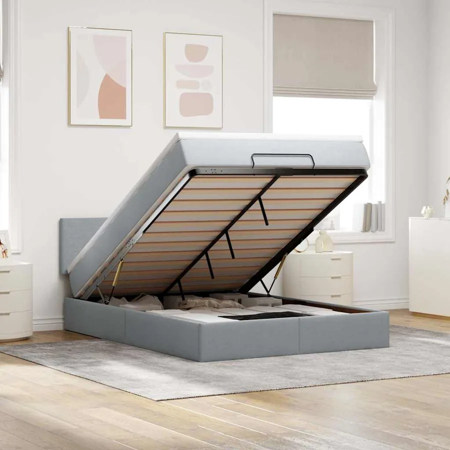 Lit ottoman avec matelas gris clair 140x190 cm tissu