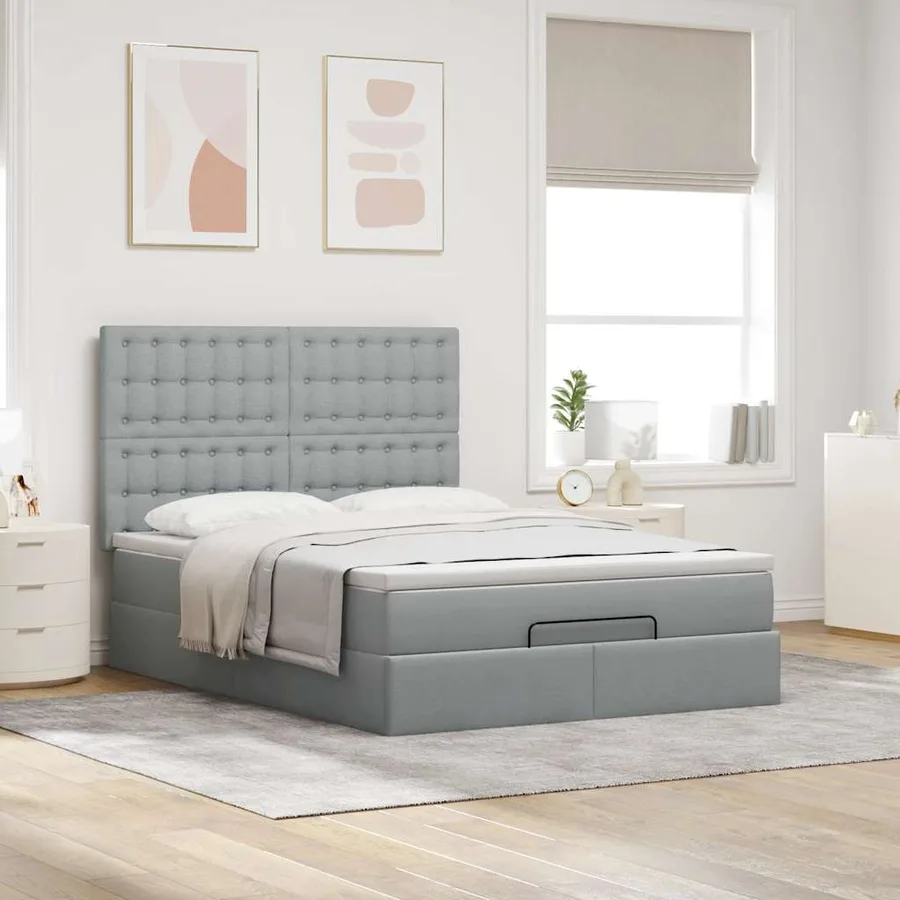 Cadre de lit ottoman et matelas gris clair 140x190 cm tissu - 3