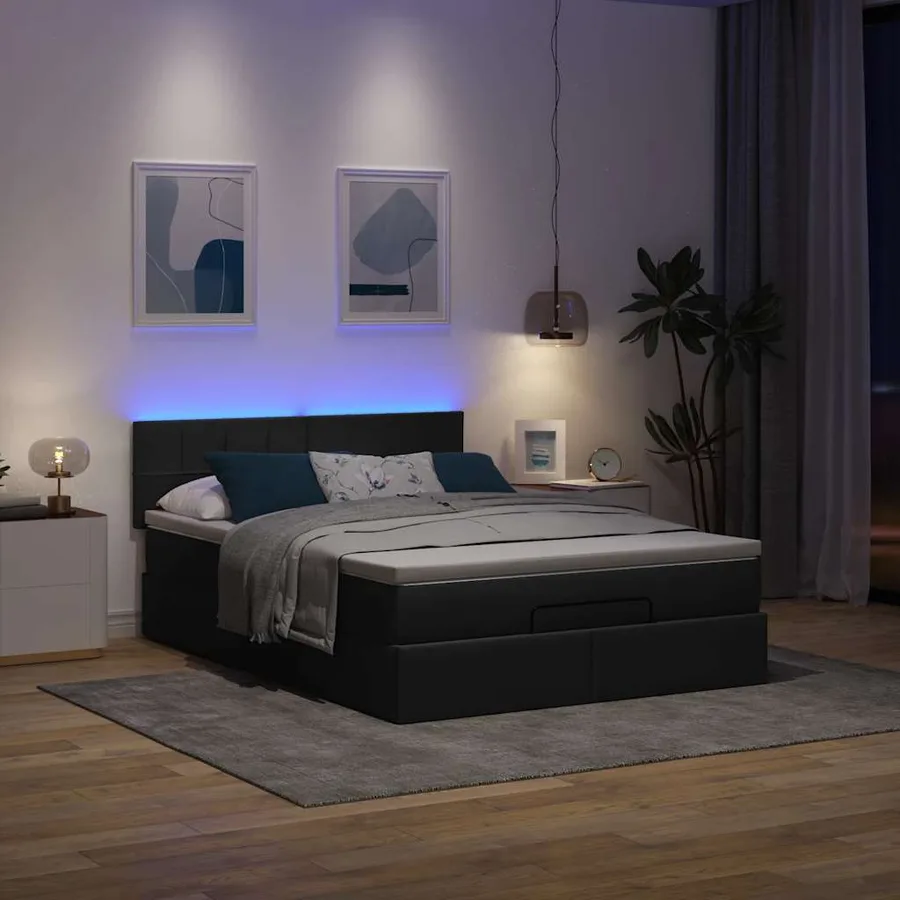 Lit ottoman avec matelas et LED noir 140x190 cm tissu - 3